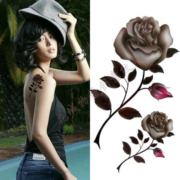 Black big flower Body Art Waterproof Temporary Sexy thigh tattoos rose For Woman Flash Tattoo Stickers 10*20CM KD1050