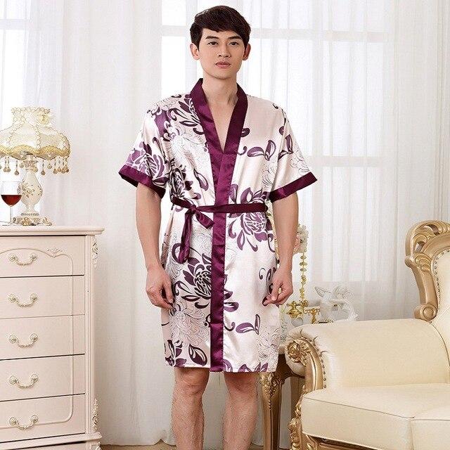 Men print luxury silk like Robes Male Bathrobe Kimono Sleepwear Couples Summer Nightwear Half Sleeved V-Neck Women Robe Sets