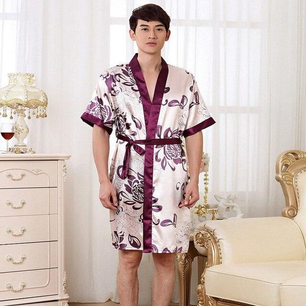 Men print luxury silk like Robes Male Bathrobe Kimono Sleepwear Couples Summer Nightwear Half Sleeved V-Neck Women Robe Sets