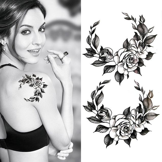 Black big flower Body Art Waterproof Temporary Sexy thigh tattoos rose For Woman Flash Tattoo Stickers 10*20CM KD1050