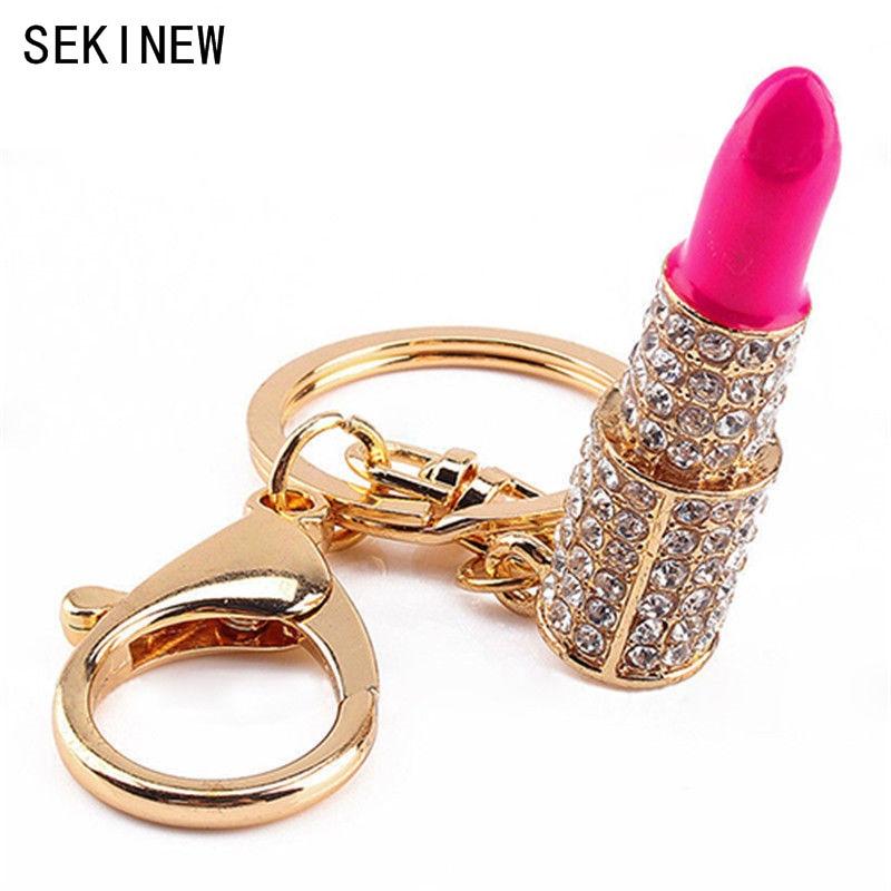 SEKINEW Charm Crystal Keychain Lipstick Key Holder Rhinestone Keyring Keyfob Red Rose Pendant Car Ornament Accessories