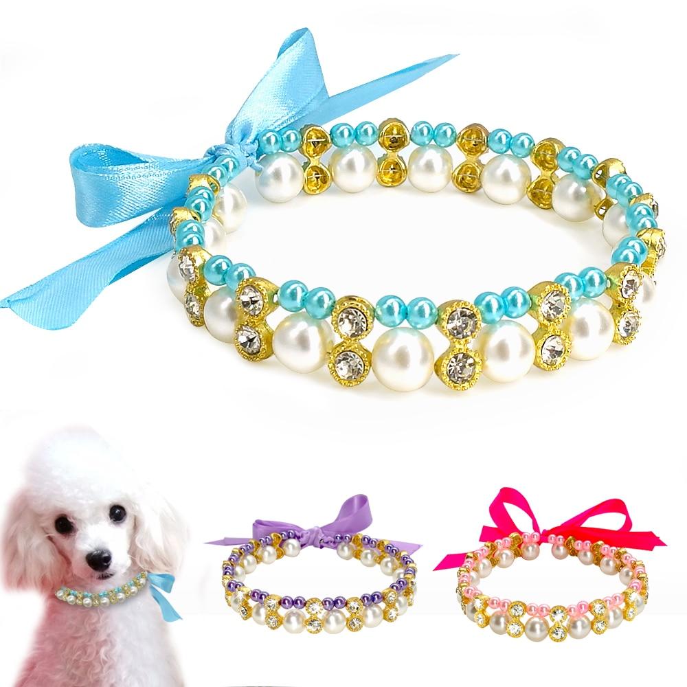 Crystal Pearl Dog Necklace Collar Bowknot Puppy Cat Jewelry Dog Accessories Elastic Pet Pearl Necklace for Small Dogs Chihuahua