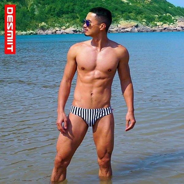 DESMIIT sexy men swimming trunks surfing bermudas striped swim shorts swimwear swimsuits bathing suit plavky zwembroek badpak