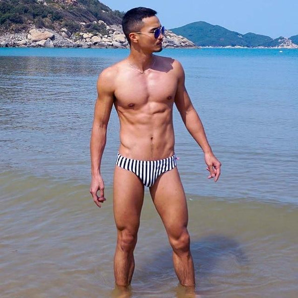 DESMIIT sexy men swimming trunks surfing bermudas striped swim shorts swimwear swimsuits bathing suit plavky zwembroek badpak
