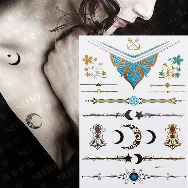 Hot Flash Metallic Waterproof Temporary Tattoo Gold Silver Tatoo Women Henna Flower Taty Design Tattoo Sticker