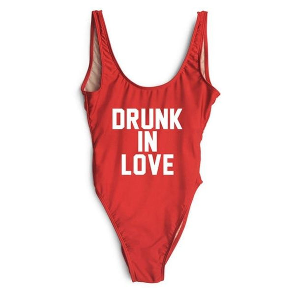 DRUNK IN LOVE Letter Print 1 One Piece Swimsuit Women Red Swimwear Monokini Sexy Bodysuit Bathing Suit Wedding bathing suit 2018