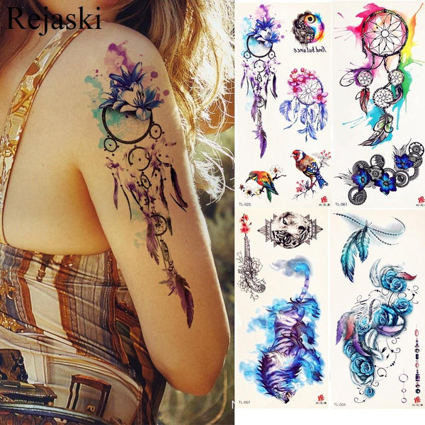 Watercolor Dream Catcher Temporary Tattoo Stickers Women Body Arm Art Painting Flash Tatto Girl Waist Feather Fake Tattoo Tribal