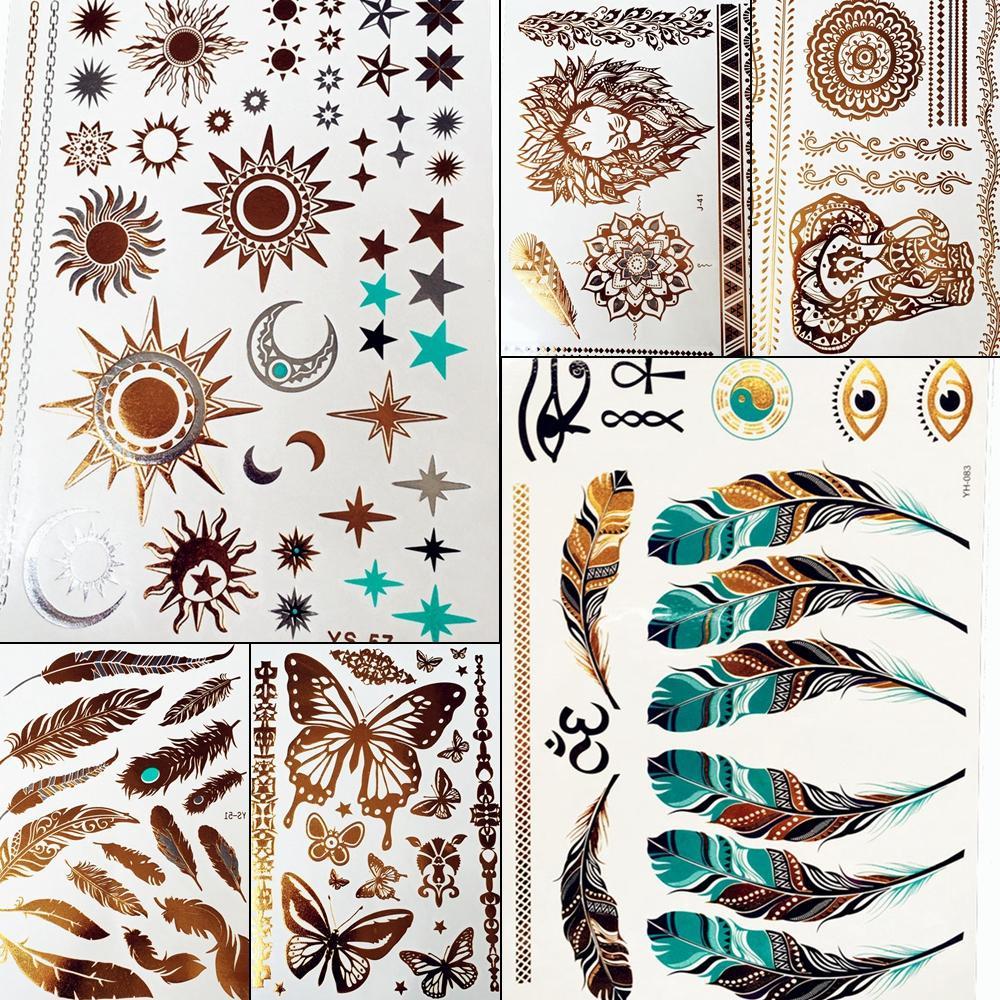 Gold Sun Silver Moon Temporary Tattoo Stickers Women Kids Body Art Star Feather Golden Metallic Water Transfer Flash Tatoo Child