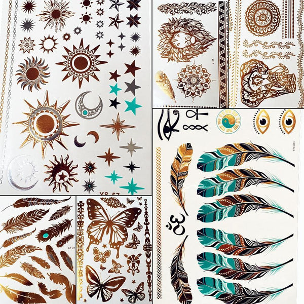 Gold Sun Silver Moon Temporary Tattoo Stickers Women Kids Body Art Star Feather Golden Metallic Water Transfer Flash Tatoo Child