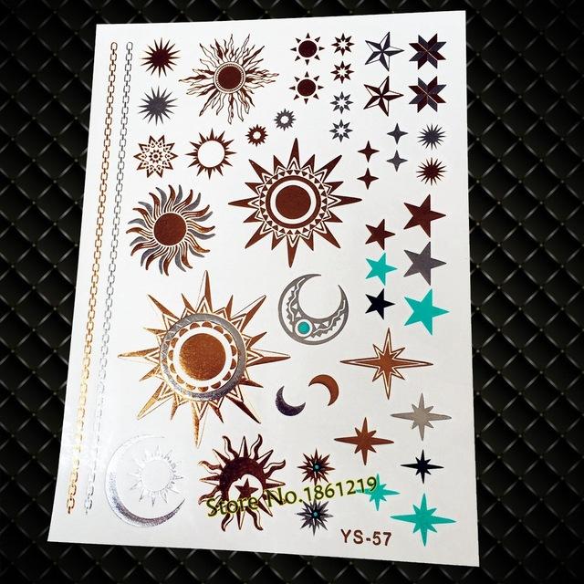 Gold Sun Silver Moon Temporary Tattoo Stickers Women Kids Body Art Star Feather Golden Metallic Water Transfer Flash Tatoo Child