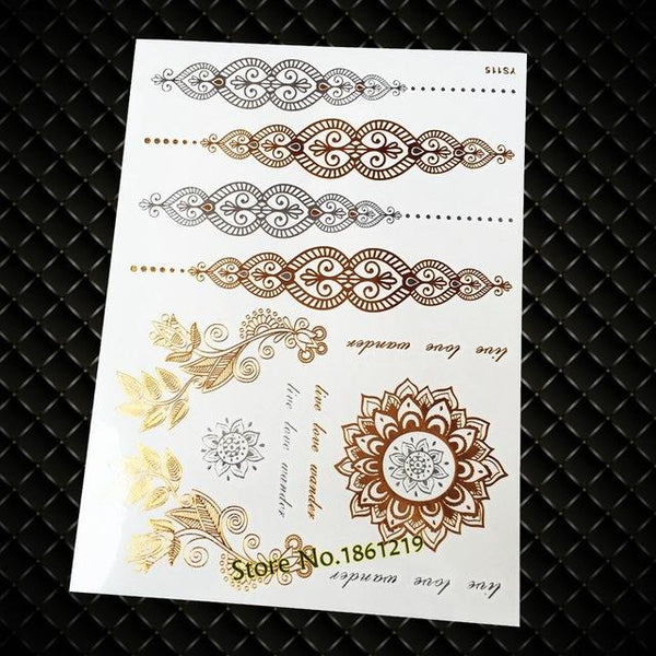Gold Sun Silver Moon Temporary Tattoo Stickers Women Kids Body Art Star Feather Golden Metallic Water Transfer Flash Tatoo Child