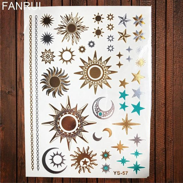 Sexy Sun Moon Star Temporary Tattoo Women Party Body Arm Art Fake Flash Tatoos Gold Metallic Tattoo Stickers Girl Bracelet Wrist