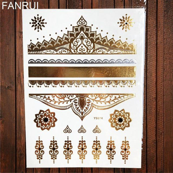 Sexy Sun Moon Star Temporary Tattoo Women Party Body Arm Art Fake Flash Tatoos Gold Metallic Tattoo Stickers Girl Bracelet Wrist