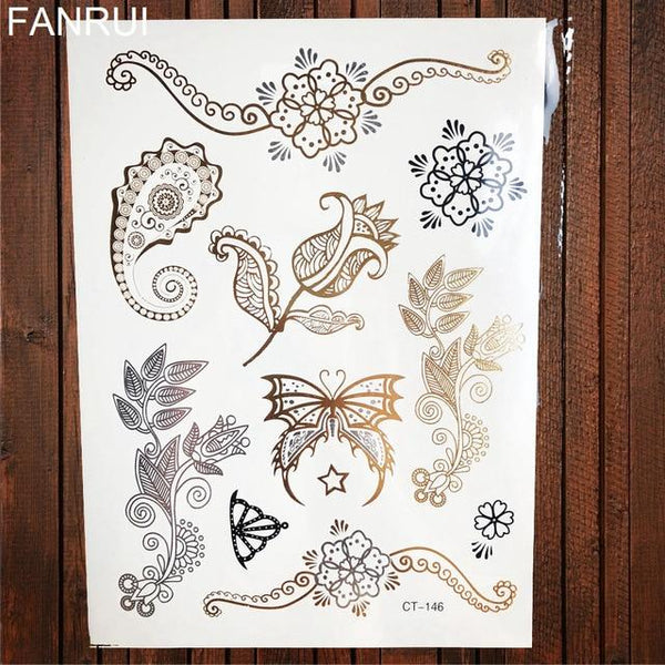 Sexy Sun Moon Star Temporary Tattoo Women Party Body Arm Art Fake Flash Tatoos Gold Metallic Tattoo Stickers Girl Bracelet Wrist
