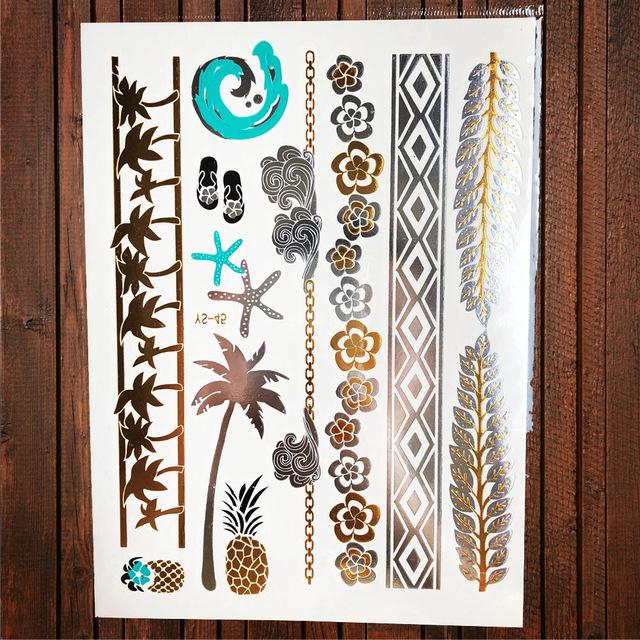 Sexy Sun Moon Star Temporary Tattoo Women Party Body Arm Art Fake Flash Tatoos Gold Metallic Tattoo Stickers Girl Bracelet Wrist