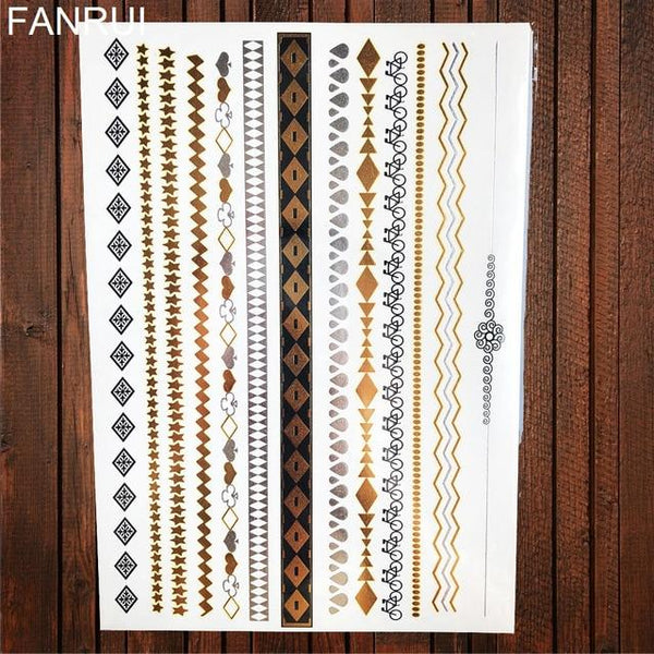 Sexy Sun Moon Star Temporary Tattoo Women Party Body Arm Art Fake Flash Tatoos Gold Metallic Tattoo Stickers Girl Bracelet Wrist