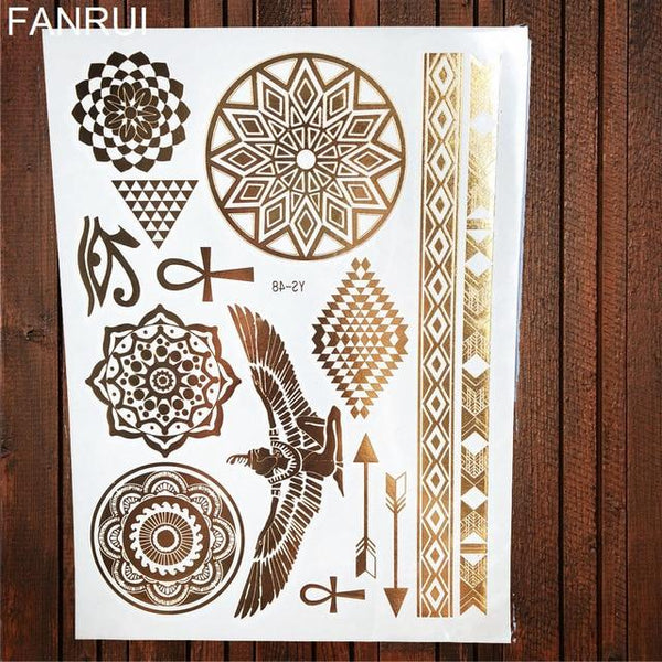 Sexy Sun Moon Star Temporary Tattoo Women Party Body Arm Art Fake Flash Tatoos Gold Metallic Tattoo Stickers Girl Bracelet Wrist
