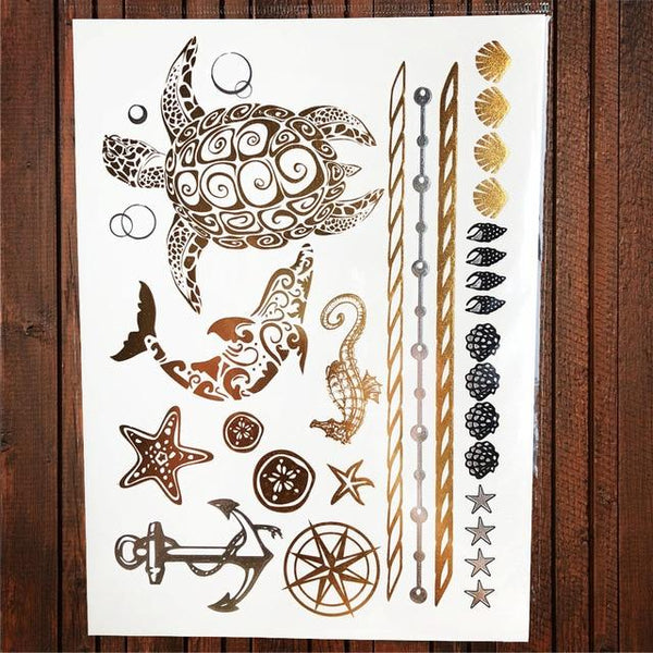 Sexy Sun Moon Star Temporary Tattoo Women Party Body Arm Art Fake Flash Tatoos Gold Metallic Tattoo Stickers Girl Bracelet Wrist