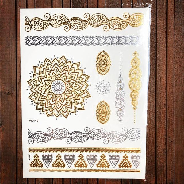 Sexy Sun Moon Star Temporary Tattoo Women Party Body Arm Art Fake Flash Tatoos Gold Metallic Tattoo Stickers Girl Bracelet Wrist