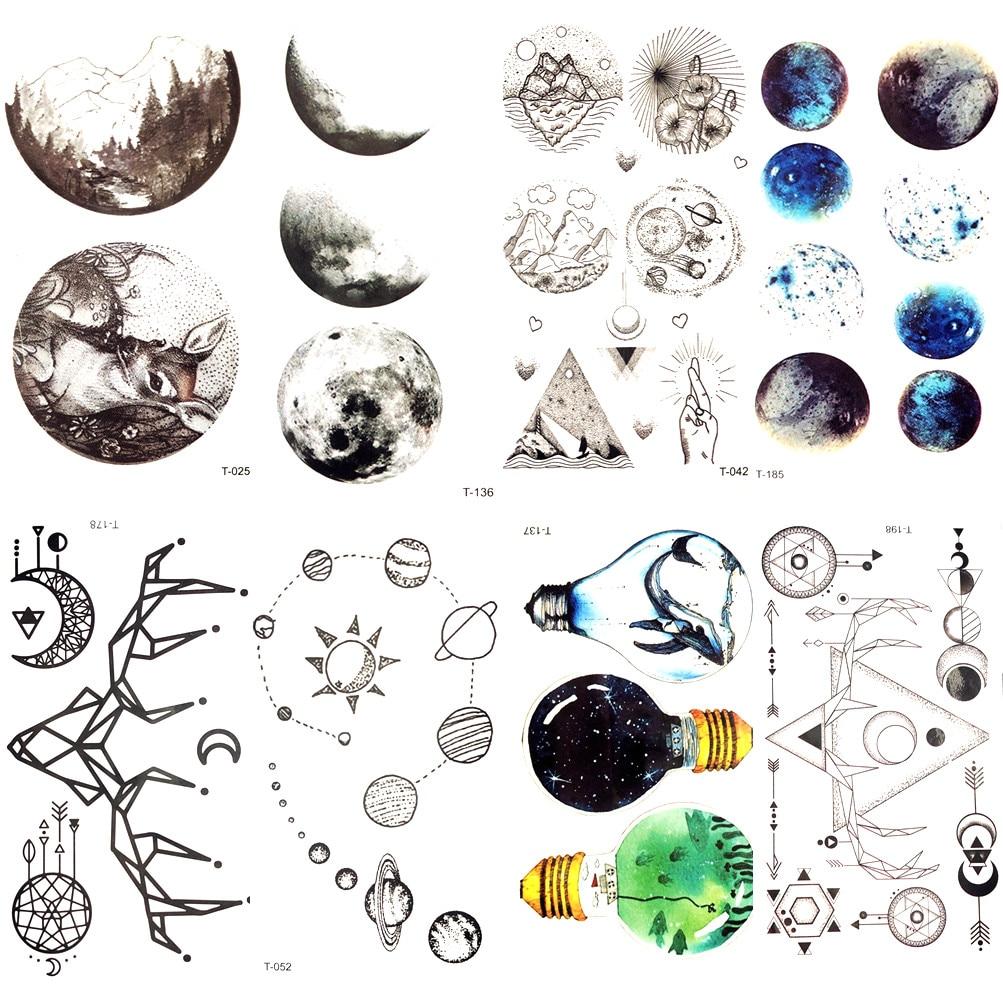 Black Round Planet Moon Elk Earth Water Transfer Tattoo Flower Women Kids Temporary Tattoo Sticker Mountain Fake Tatoo Men Decal