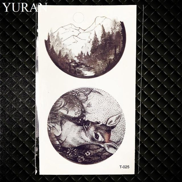 Black Round Planet Moon Elk Earth Water Transfer Tattoo Flower Women Kids Temporary Tattoo Sticker Mountain Fake Tatoo Men Decal