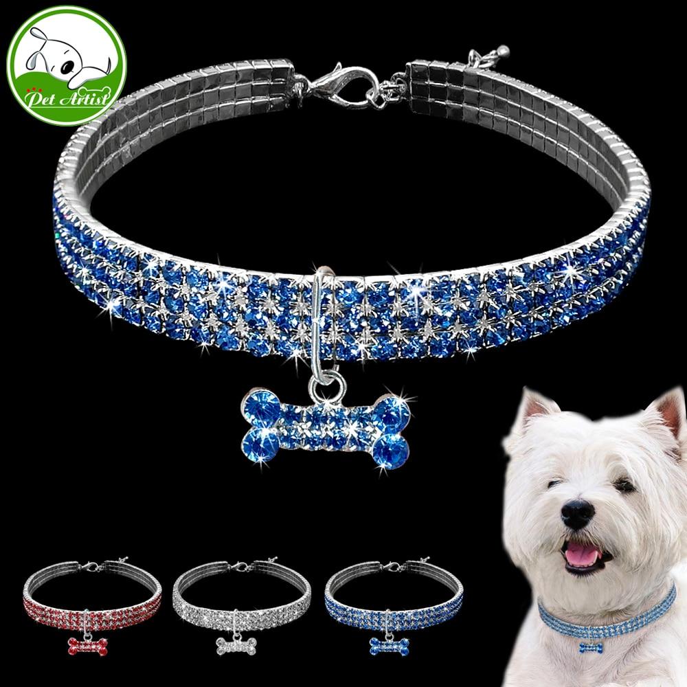 Rhinestone Puppy Dog Collars Jeweled Crystal Kitten Cat Necklace Bone Charm Pendant Accessory For Girl Dogs Cats Yorkshire Pink
