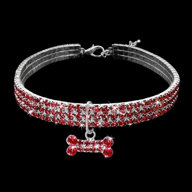 Rhinestone Puppy Dog Collars Jeweled Crystal Kitten Cat Necklace Bone Charm Pendant Accessory For Girl Dogs Cats Yorkshire Pink