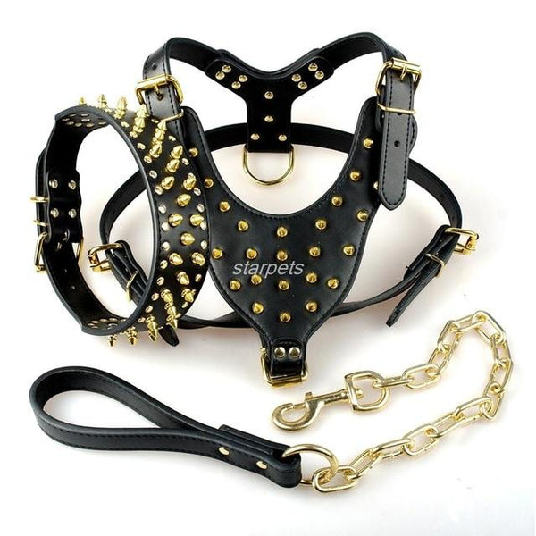 Cool Spiked Studded Leather Dog Harness Rivets Collar and Leash Set For Medium Large Dogs Pitbull Bulldog Bull Terrier  26"-34"