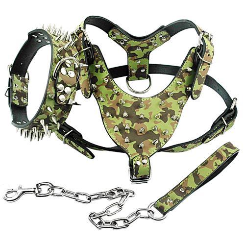 Cool Spiked Studded Leather Dog Harness Rivets Collar and Leash Set For Medium Large Dogs Pitbull Bulldog Bull Terrier  26"-34"