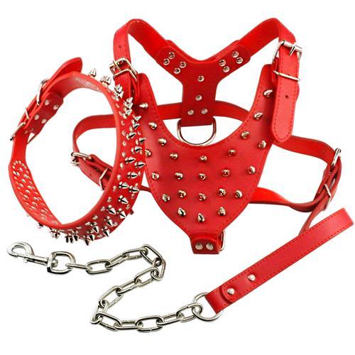 Cool Spiked Studded Leather Dog Harness Rivets Collar and Leash Set For Medium Large Dogs Pitbull Bulldog Bull Terrier  26"-34"