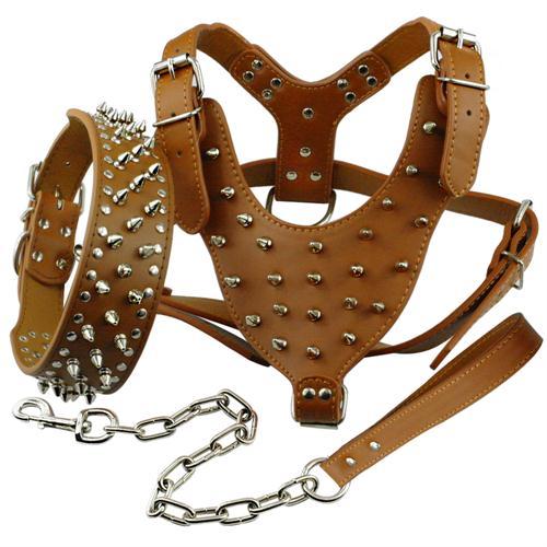 Cool Spiked Studded Leather Dog Harness Rivets Collar and Leash Set For Medium Large Dogs Pitbull Bulldog Bull Terrier  26"-34"