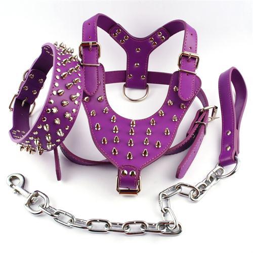 Cool Spiked Studded Leather Dog Harness Rivets Collar and Leash Set For Medium Large Dogs Pitbull Bulldog Bull Terrier  26"-34"