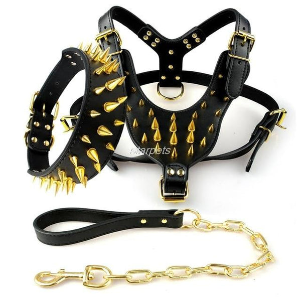 Cool Spiked Studded Leather Dog Harness Rivets Collar and Leash Set For Medium Large Dogs Pitbull Bulldog Bull Terrier  26"-34"