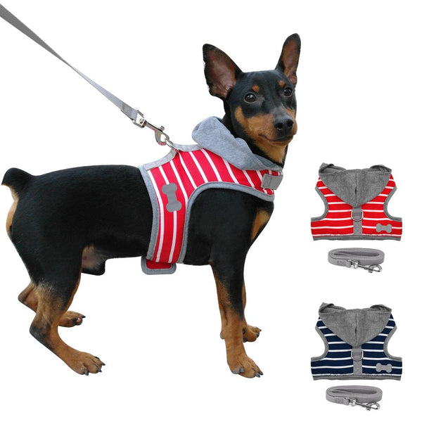 Soft Small Dog Puppy Chihuahua Harness Leash Set Adjustable Stripe Pet Dog Hoodie Vest for Small Medium Dogs Cats XS S M
