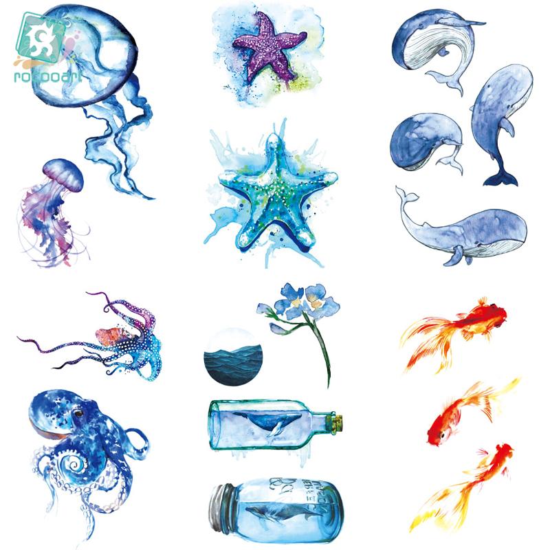 Rocooart RC464-475 New Water Proof Temporary Tattoo Stickers Cartoon Coloful Ocean Fish Dance Fake Flash Taty Tattoo tatouage