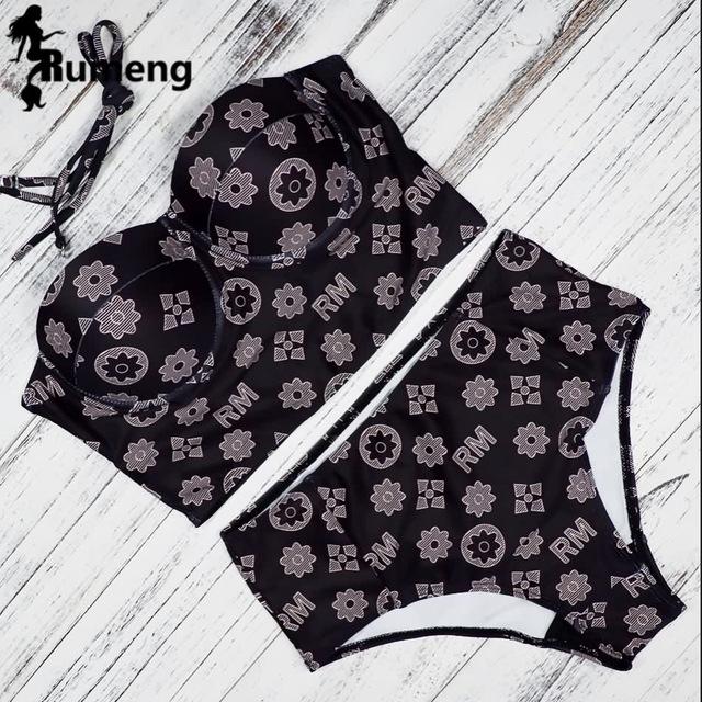 RUMENG Bikini Set Bandeau Black Bikinis Push up Swimsuit High Waist Plus Size Swimwear Women Suits Biquini 2019 New bikini