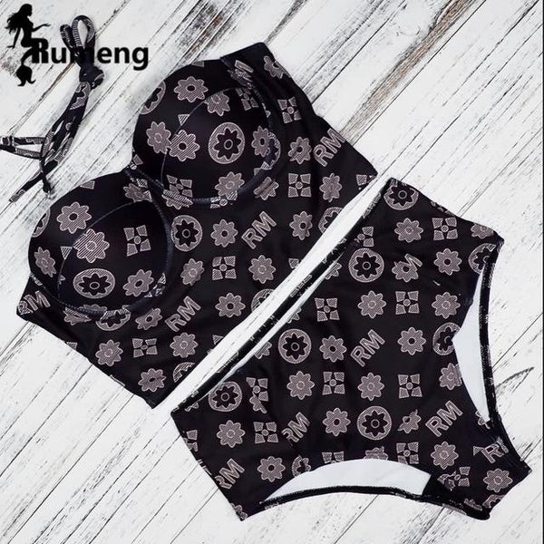 RUMENG Bikini Set Bandeau Black Bikinis Push up Swimsuit High Waist Plus Size Swimwear Women Suits Biquini 2019 New bikini