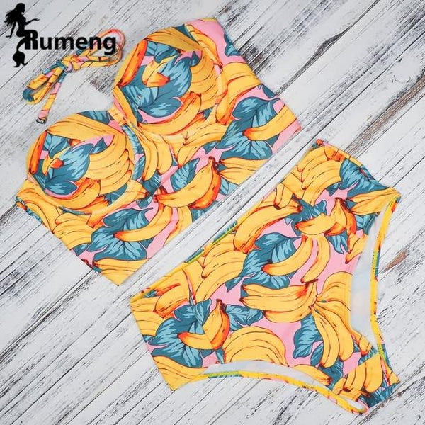 RUMENG Bikini Set Bandeau Black Bikinis Push up Swimsuit High Waist Plus Size Swimwear Women Suits Biquini 2019 New bikini