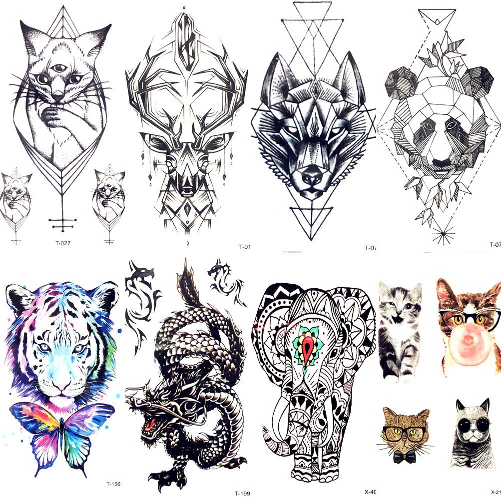 Geometry Cat Elk Wolf Temporary Tattoo Women Body Arm Water Transfer Tattoo Men Makeup Tatto Sticker Bracelet Deer Animal Zoo