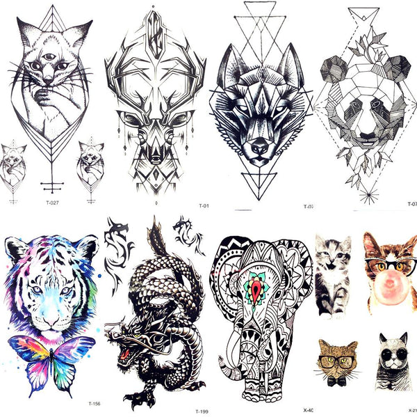 Geometry Cat Elk Wolf Temporary Tattoo Women Body Arm Water Transfer Tattoo Men Makeup Tatto Sticker Bracelet Deer Animal Zoo