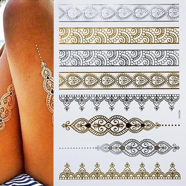 Metallic Gold Tattoo Silver Waterproof Temporary tattoos Stickers on the body women Flash Tattoo Stickers men