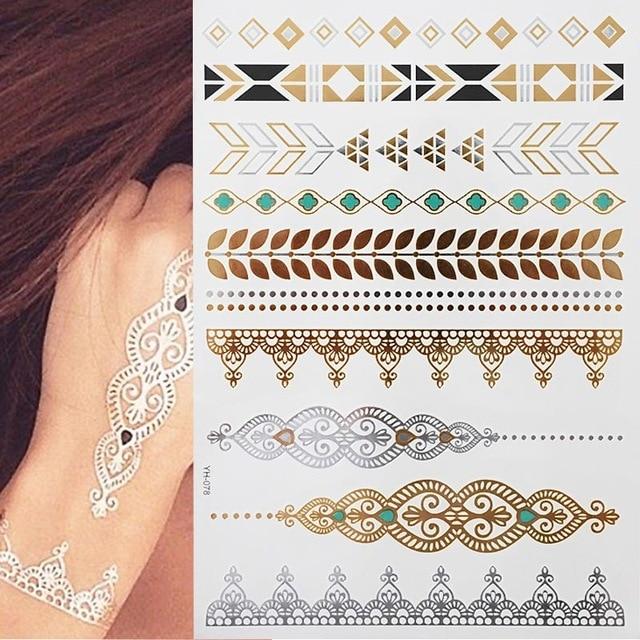 Metallic Gold Tattoo Silver Waterproof Temporary tattoos Stickers on the body women Flash Tattoo Stickers men