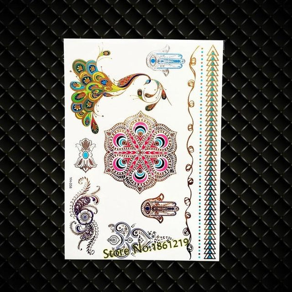 India God Ganesha Gold Metallic Flash Tattoo Stickers Women Elephant Ganesh Fake Waterproof Tatoo Vigneshvara Ganapati Flower