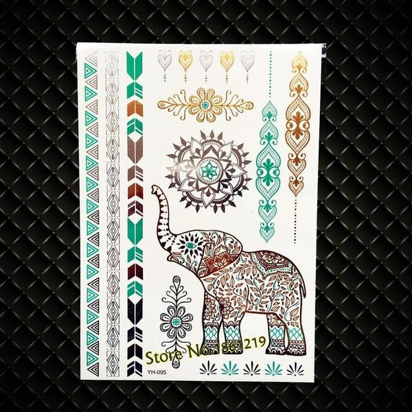 India God Ganesha Gold Metallic Flash Tattoo Stickers Women Elephant Ganesh Fake Waterproof Tatoo Vigneshvara Ganapati Flower