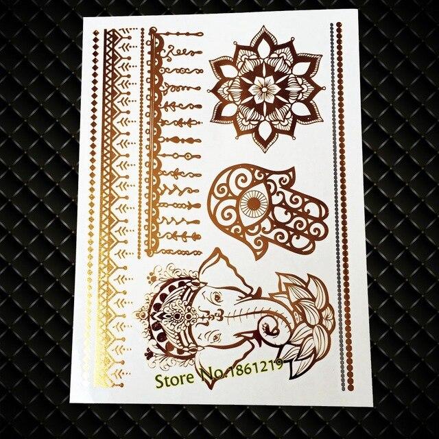 India God Ganesha Gold Metallic Flash Tattoo Stickers Women Elephant Ganesh Fake Waterproof Tatoo Vigneshvara Ganapati Flower