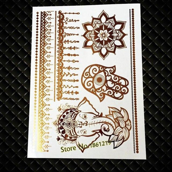 India God Ganesha Gold Metallic Flash Tattoo Stickers Women Elephant Ganesh Fake Waterproof Tatoo Vigneshvara Ganapati Flower
