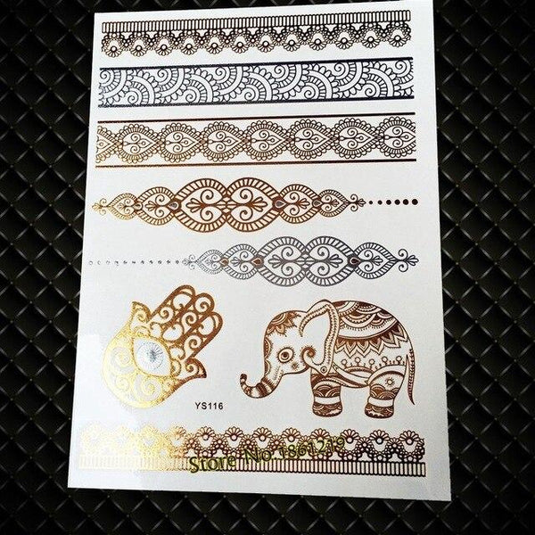 India God Ganesha Gold Metallic Flash Tattoo Stickers Women Elephant Ganesh Fake Waterproof Tatoo Vigneshvara Ganapati Flower