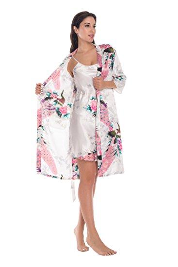 2 Piece Set Women Silk Peacock Kimono Robes Sexy Lingerie Women Wedding Party Bridesmaid Robe Satin Nightgown Bathrobe Pijam