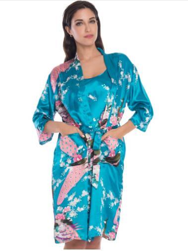 2 Piece Set Women Silk Peacock Kimono Robes Sexy Lingerie Women Wedding Party Bridesmaid Robe Satin Nightgown Bathrobe Pijam