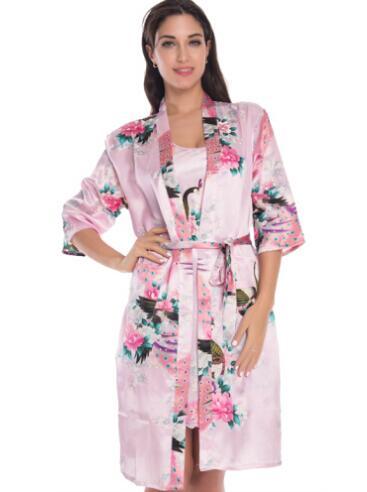 2 Piece Set Women Silk Peacock Kimono Robes Sexy Lingerie Women Wedding Party Bridesmaid Robe Satin Nightgown Bathrobe Pijam